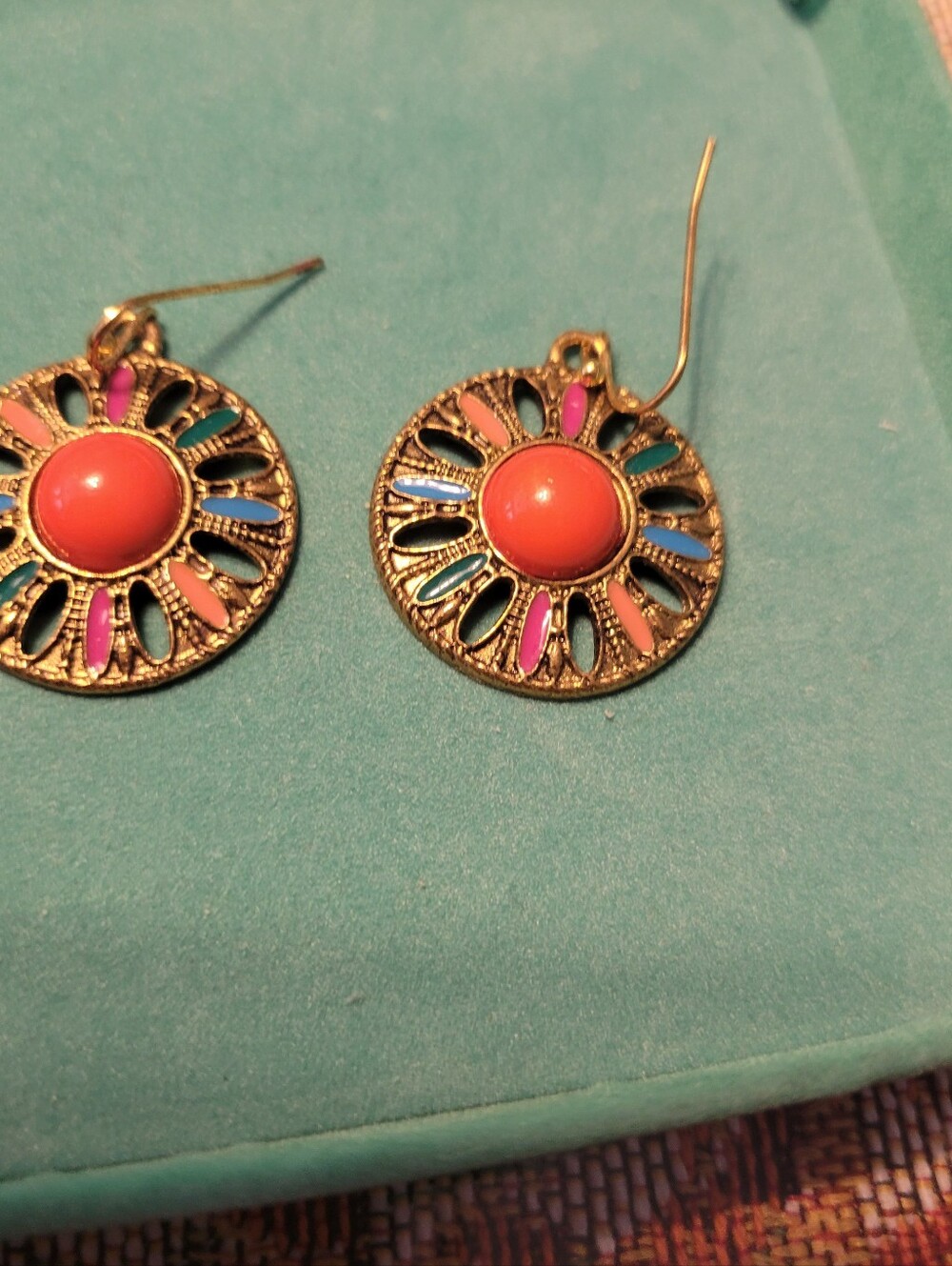 Vintage Gold-Tone Multicolor Sunburst Drop Earrings with Coral Center